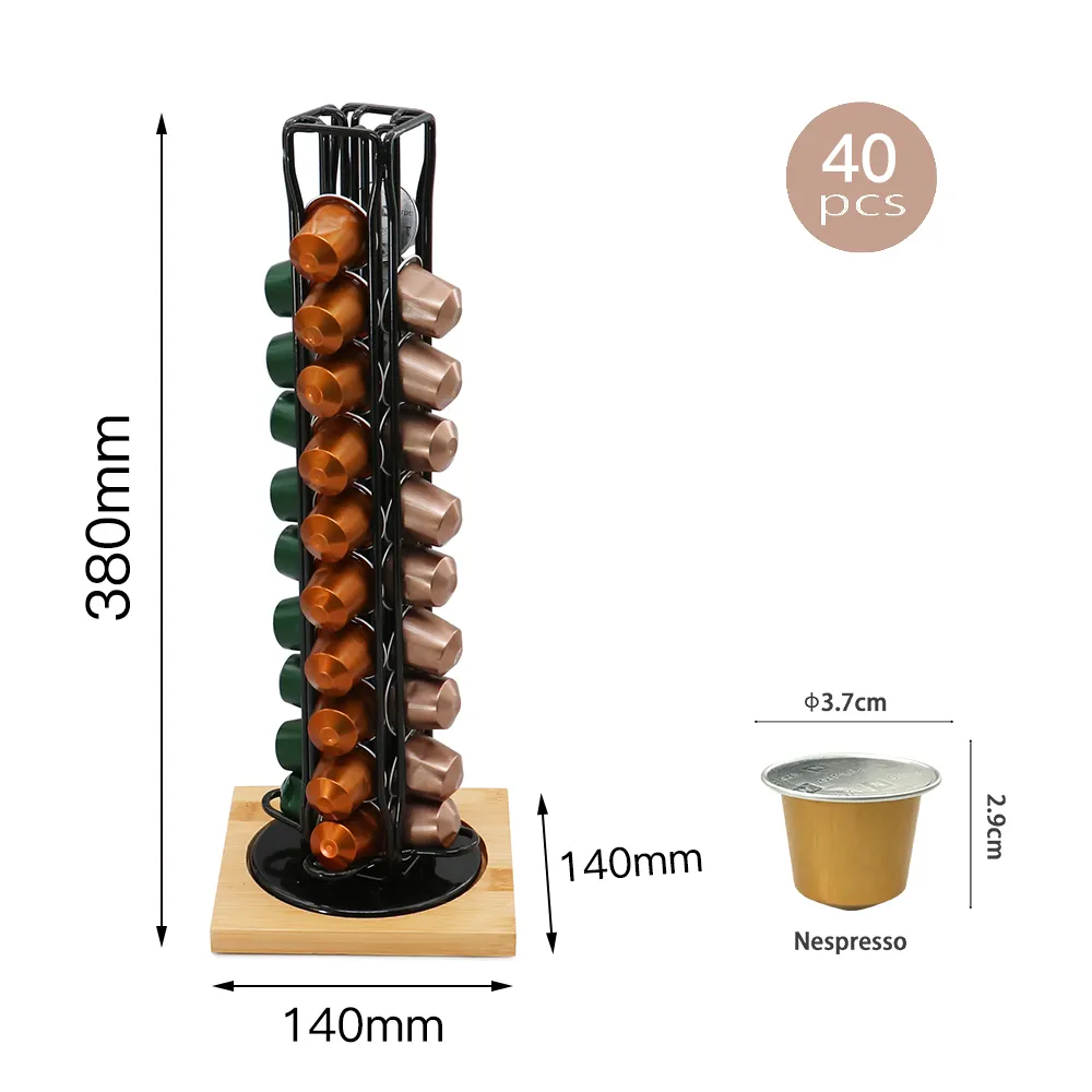 Porte-capsules de café en métal, Rotation à 360 degrés, 40 pièces, Base en bois, support de rangement pour Nespresso