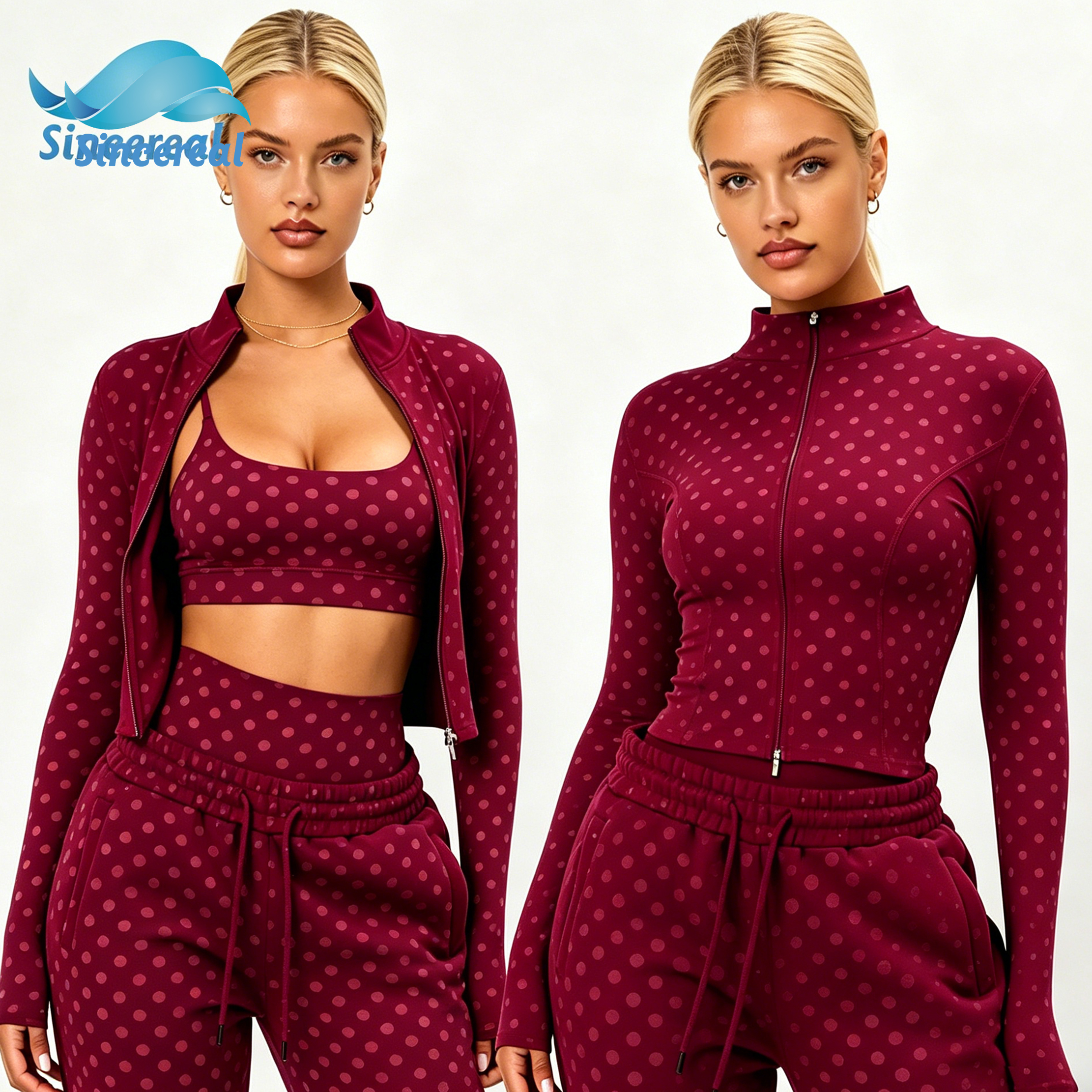 Custom Nylon Spandex Slim Polka Dot Three Piece Set Yoga Wear Zipper Drawstring Breathable Quick Dry Eco Friendly Ladies Suit