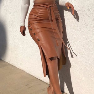 Lady Casual Fashion PU Button <strong>Skirt</strong> Slit With Belt <strong>Brown</strong> <strong>Leather</strong> <strong>Skirts</strong> for Women - Product Image 3