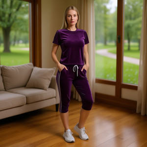 Completo Sportivo da Donna in Velluto, Maniche Corte, Girocollo, Vestibilità Ampia, Sopra il Ginocchio, Tinta Unita, Traspirante, TC207 XL 3XL - Product Image 2