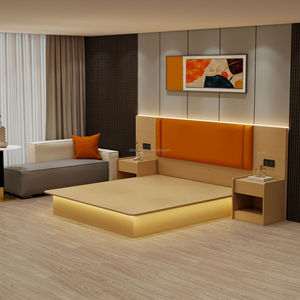 Ensembles de meubles modernes pour chambre d'hôtel : Lit double en bois personnalisé à faible coût avec tête de lit, bureau et tables de chevet pour chambre d'hôtel - Product Image 3