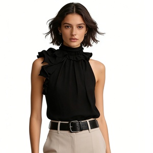 Women's Ruffled Halter Neck Satin Blouse - Sleeveless High Neck <b>Top</b> With Asymmetrical Ruffle Trim Shirt Fashion - Product Image 3