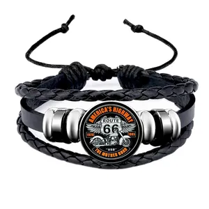 Klasik US Route 66 Gelang Perhiasan Punk Kulit Kaca Dome Cabochon Tombol Snap Gelang untuk Pria Wanita