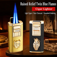 Briquet à cigare vintage à flamme double bleue avec allumage à une pression, coffret cadeau