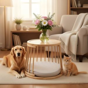 Meuble de rangement 2-en-1 en bois pour salon, adapté aux chats, avec niche pour chat intégrée - Product Image 6