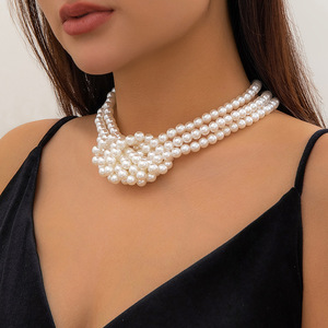 Collar de Perlas de Imitación Redondas Multicapa, Hecho a Mano, con Cuentas Blancas y Negras, Collar Corto para Mujer, Elegante, Encantador, Regalo Festivo - Product Image 6