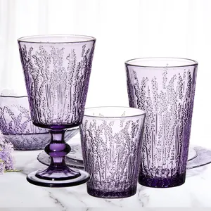 Custom Mexico Lavender Purple Colored Embossed Water Tumbler Goblet vintage wine glasses set for wedding