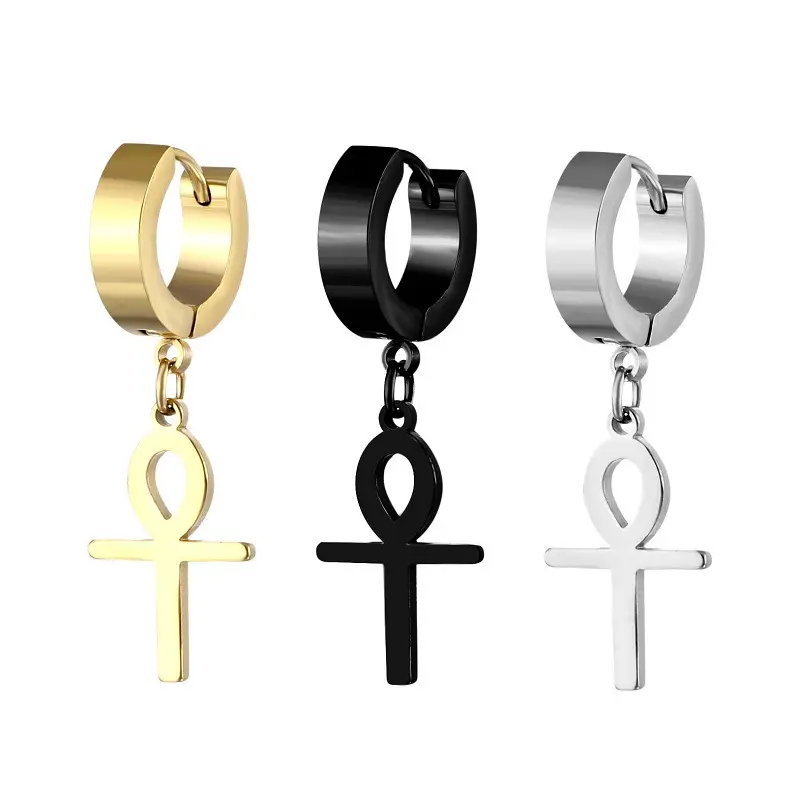 NUORO 1 Piece Drop Cross Earring Male Punk Jewelry Mens Stainless Steel Ankh Cross Egypt Cleopatra Earrings