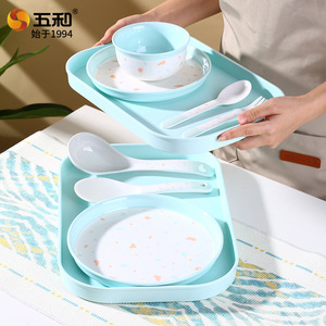 Wuhe Melamine Tableware Set 5 In 1 With Bowl <b>Plate</b> Spoon Fork For Daily Use Rectangular Design Polka Dots Pattern - Product Image 1