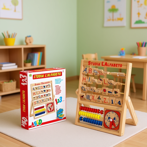 Studia L'Alfabeto - Tablero de Aprendizaje del Alfabeto de Madera de 24x20x12 cm con Ábaco y Reloj para Educación Temprana de 3 a 6 Años, Italia - Product Image 3
