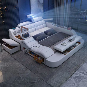 Lit intelligent moderne de luxe en cuir, taille King Size, avec ensemble de chambre à coucher multifonctionnel en bois et rembourré, lit double intelligent - Product Image 1