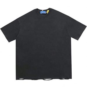 Custom 250 Gsm Men's T-Shirts Over Size Distressed Ripped Pattern 100% Cotton Knitted Fabric Screenprint <b>Tshirt</b> - Product Image 1