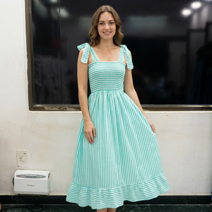 Mint Striped A-Line Midi <b>Dress</b> Square Neck Sleeveless <b>Ruffle</b> Hem Casual Summer <b>Dress</b> Woven Cotton <b>Dress</b> - Product Image 6