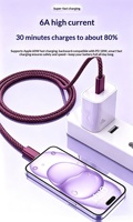 Kabel Data Braided Dual-Type-C Pengisian Cepat 60W Burgundy Red PD untuk 18 Ponsel, Transfer Data, Pengisian Flash Arus Tinggi