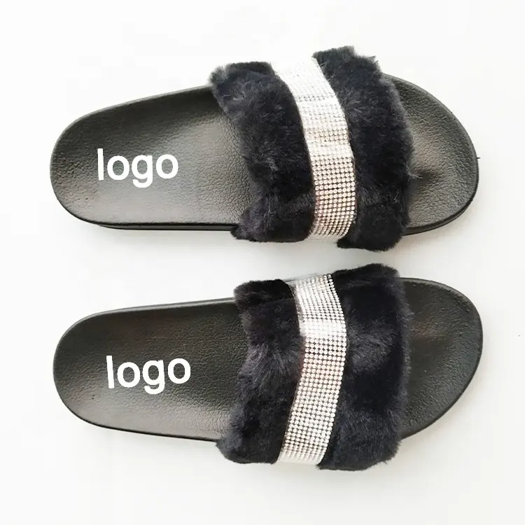 Wholesale Faux fur women shoes platform diamond slides rhinestone soft furry indoor black slippers for Germany