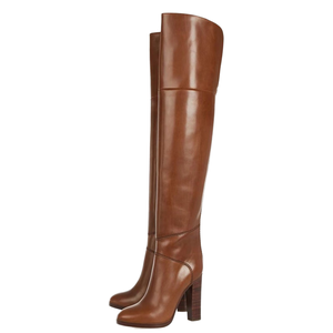 Botas de mujer de invierno de talla grande, de cuero genuino marrón, con malla, cierre de botón, tacón de 10 cm que aumenta la altura, por encima de la rodilla. - Product Image 1
