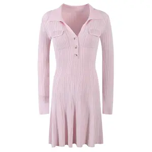 LE2236 gaun rajutan merah muda temperamen Prancis, baju kerah pinggang tipis Musim Panas 2024