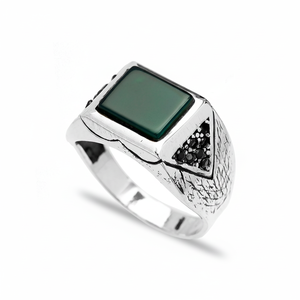 Square Green Gemstone Round Black Zircon Stone Design Ottoman <b>Men's</b> <b>Ring</b> Turkish Handmade Wholesale Authentic <b>Silver</b> <b>Men</b> <b>Ring</b> - Product Image 2