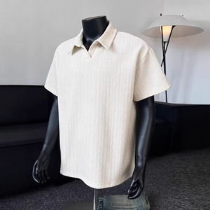 T-shirt pour homme de style rétro américain Demi-manche avec jacquard pour <span class=keywords><strong>col</strong></span> <span class=keywords><strong>polo</strong></span> Old Money Style Short Solid Wheat Pattern - Product Image 2