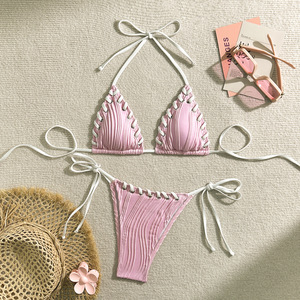 Conjunto de bikini triangular con cordones y textura, traje de baño de dos piezas con lazo lateral, traje de baño bohemio para mujer, traje de baño de verano para playa, venta al por mayor - Product Image 6