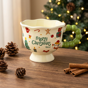 Merry Christmas <b>Ceramic</b> <b>Mug</b> Set With Red Beaded Handle Cartoon Design For Party Use - Product Image 2