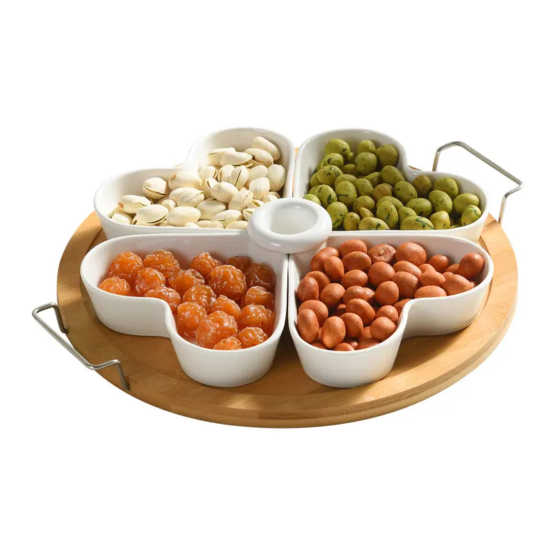 Modern Nordic Divided White Ceramic Porcelain Serving Snack Dish Candy Dried Fruit Plate Set with Bamboo Tray Metal Handle