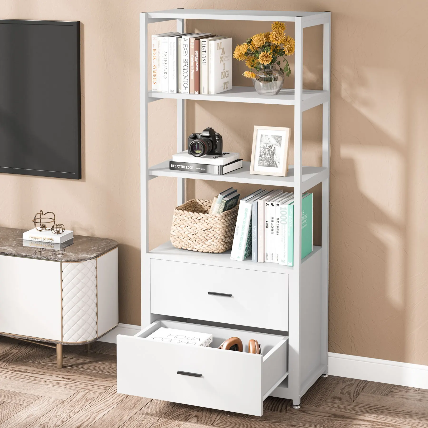 Tribesigns libreria bianca a 4 livelli con 2 cassetti espositore per libri Standard Etagere per l'home Office