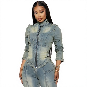 OEM Custom <b>Women</b> Cotton Knitted Paneled Zip <b>up</b> Denim Jacket and Matching <b>Jeans</b> Set Vintage Wash Slim Fit Streetwear Outfit - Product Image 1