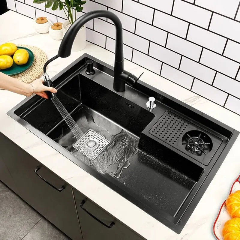 ROVATE High Pressure Cup Washer Bar Kitchen Sink Nano Stepped Sink Stainless Steel Basin Handmade