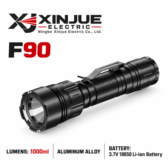 Custom OEM ODM XINJUE F90 1000LM Aluminum Alloy LED Flashlight with 2200mAh 18650 Battery Fixed Focus Black Green Handheld Torch