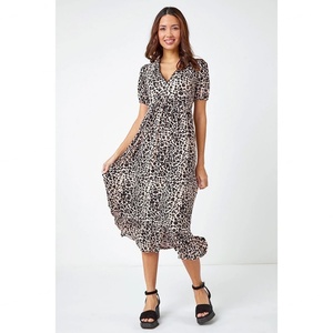 Vestido Midi de Fiesta para Playa con Estampado Animal Negro, Cuello en V, Manga Media y Ribete de Encaje - ¡Gran Oferta! - Product Image 2