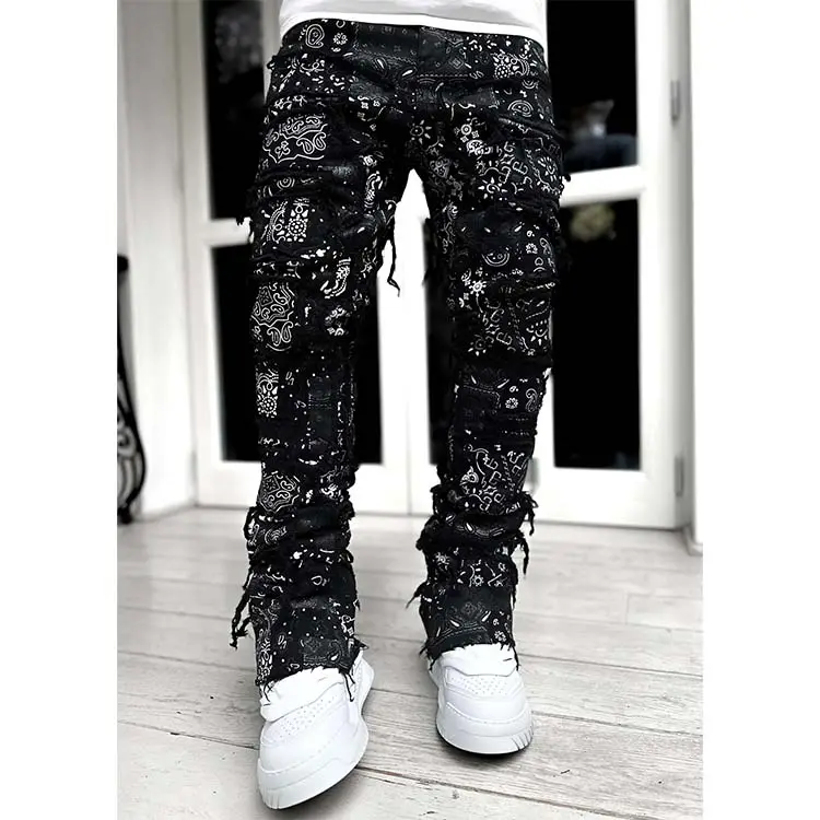 Pantalon en denim évasé personnalisé pour hommes High Street en détresse Jeans déchirés empilés lavés motard à la mode pour hommes