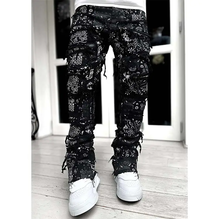 Benutzer definierte Männer High Street Distressed Flared Denim Pants Mode Biker Washed Stacked Ripped Jeans für Männer