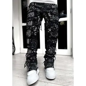 Custom Men High Street Distressed Flared Denim Pants Fashion Biker Washed Stacked Ripped Jeans For Men