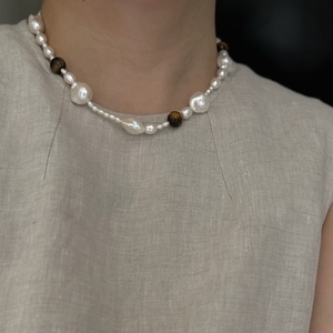 Conjunto de Collar y Pulsera de Perlas Barrocas de Agua Dulce Irregulares con Diseño de Nicho de Moda Collage, Conjuntos de Joyería de Moda con Piedra de Ojo de Tigre - Product Image 2