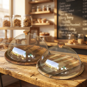 Plateau de service à gâteau en bois avec couvercle en verre, plateau rond pour présentation de desserts, plateau à fromage pour cuisine, boulangerie, restaurant - Product Image 2