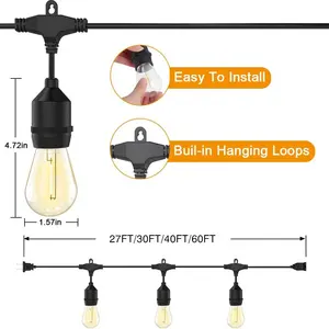 JESLED 야외 스트링 조명 27FT/30FT/40FT/60FT S14 에디슨 LED 파티오 조명 디밍이 가능한 LED 전구 방수 IP65 UL 나열