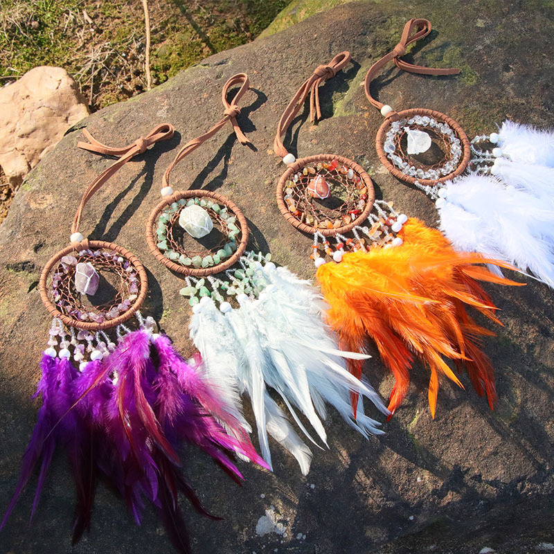 LIBERGA Small Tree Of Life Dream Catcher For Car Mirror - Crystal & Feather Boho Decor, 7cm Hoop