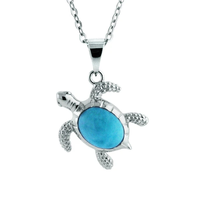 Joyería Hawaiana de Plata Esterlina 925 con Diseño de Vida Marina, Colgante de Tortuga Marina con Larimar Natural y Cadena de Cable