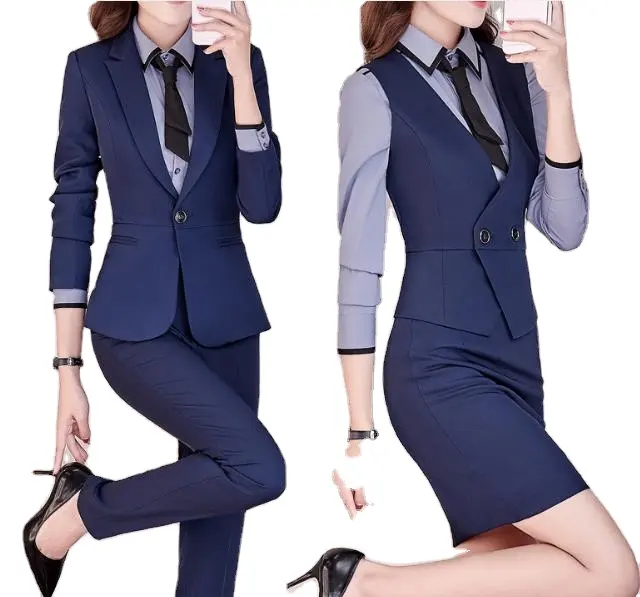 Disesuaikan terbaru wanita 2 buah Set 3 buah pakaian kantor profesional celana Formal rok Blazer setelan Blazer 10 Woven