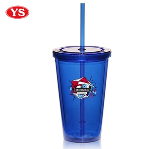 Customized Promotional 16 Ounce Plastic Double Wall Cups With Straw for Sale