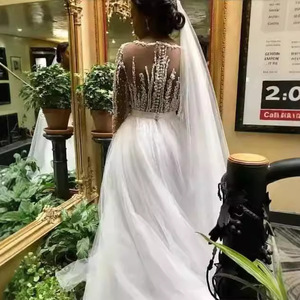 Wedding Dress V Neck Long Sleeve Embroidered Lace Sheath White Natural Waistline Vintage Style - Product Image 3