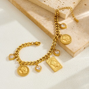 European American Gold Plated Geometric Charm Bracelet With Portrait Pendant And Diamond Heart Accents Gift Jewelry - Product Image 3