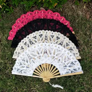 22厘米手工刺绣中国风扇婚礼 Battenburg 棉花花边风扇