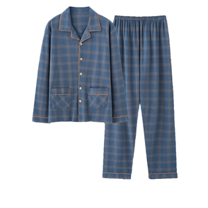 Erkek %100 Pamuk Saten Örgü Dokuma Pijama Uzun Kollu İnce Ekose Günlük Nefes Alabilen Cepli İlkbahar Sonbahar Büyük Beden Gecelik - Product Image 1
