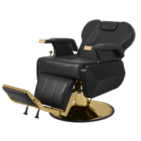 Chaise de barbier traditionnelle haut de gamme avec détails plaqués or, cuir PVC durable et base ronde en acier inoxydable, inclinable