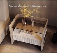 Mesita de Noche Moderna con Sensor Inteligente y Cajón de Madera, Mesita de Noche con Tapa de Cristal, Mesa Auxiliar Minimalista, Mesita de Noche de Cuero