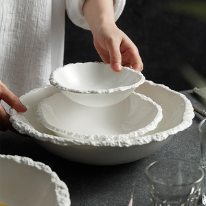 White Ceramic Restaurant Bowls Stone Pattern Porcelain for Pasta Salad Soup Dessert Irregular Shape for Noodles - Product Image 3