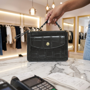 WRIZA Porte-monnaie court noir à motif crocodile pour femme, avec fermeture éclair ornée de fleurs en diamant, blocage RFID, porte-cartes, style chic et portable - Product Image 2
