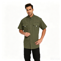 Chemise de pêche à manches courtes pour homme, boutonnée, avec fente dorsale, multi-poches, séchage rapide, protection solaire, pour la chasse et le travail en extérieur